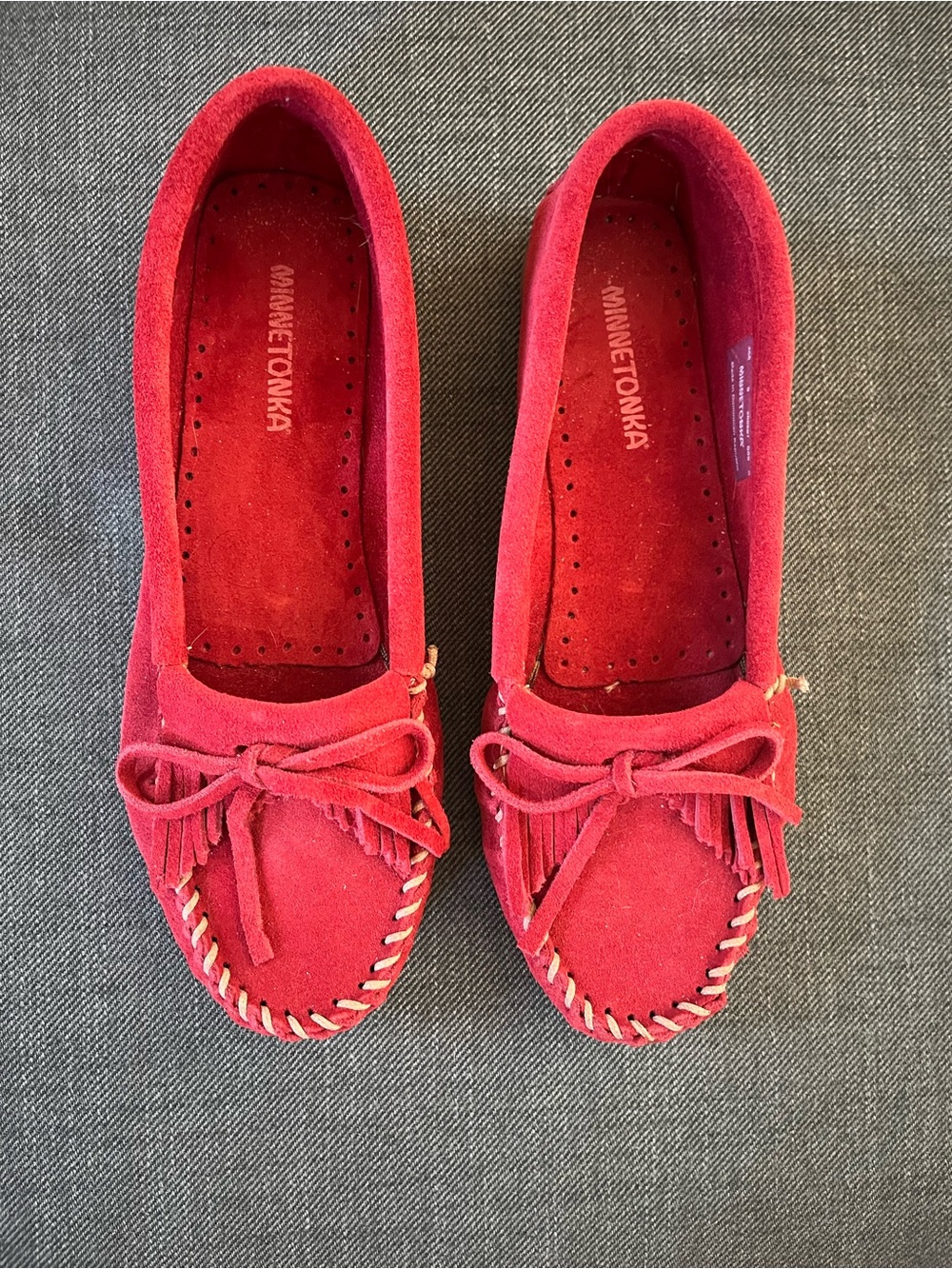 Minnetonka Women's Red Suede Fringe Moccasins
